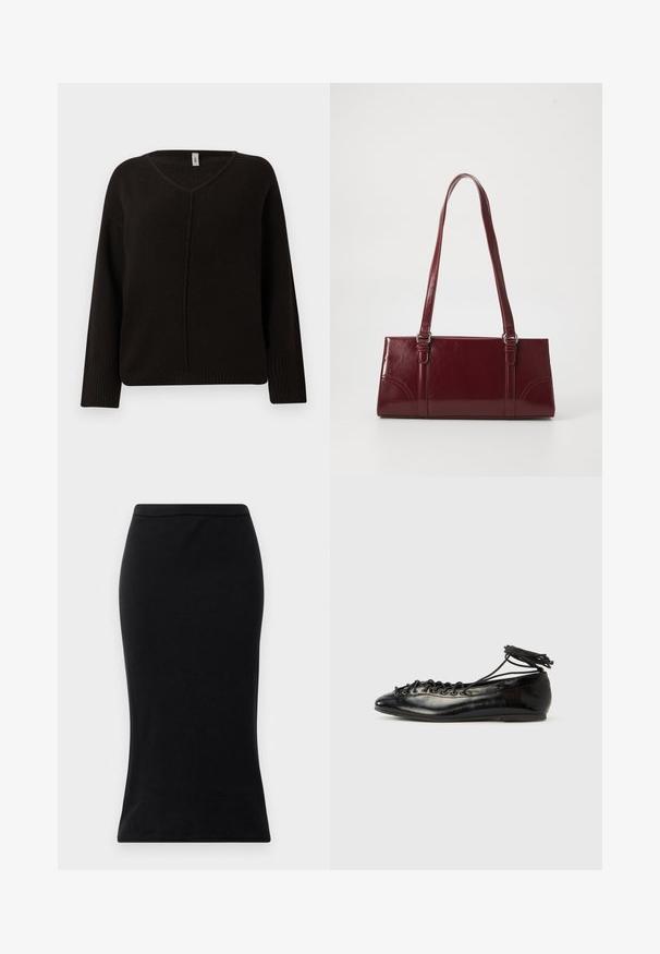 Sort v-hals sweater i et blødt, tekstureret strik. Har lange ærmer med ribbede manchetter og en subtilt syet midtersøm. Løs pasform.; Sorte højtaljede blyantskirt lavet af glat stof, med en tætsiddende silhuet og en ren, strømlinet kant uden dekorationer.; Sorte balletflade sko i laklæder med rundet tå, snørelukning og flad sål. Glat tekstur med få detaljer.; Bordeaux håndtaske lavet af glansfuldt materiale, rektangulær form, med to skulderremme og subtile buede detaljer på forsiden.