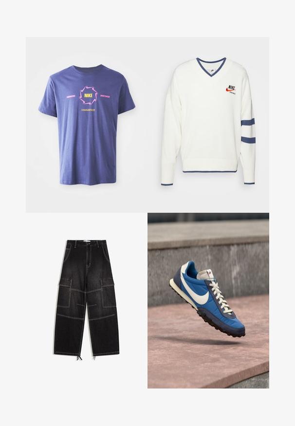 Nike Sportswear NIKE TREND SWEATER - Striktrøje - off-white; Lilla bomulds T-shirt med korte ærmer, der har et dristigt grafisk design. Inkluderer "Nike" i gult inden i en lyserød virvel og tekst accenter.; Sorte cargo bukser med brede ben, store sidelommer, kontrastsyninger, bæltestropper og snørehætter ved benenderne.; Blå og marineblå Nike-sneaker med hvid swoosh og snørebånd, svævende over stenoverflade med grå stenbaggrund.