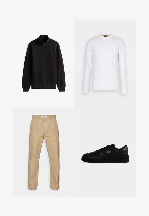 Must pikkade varrukatega pullover poollukuga kraega ja väike punane, valge ning sinine logo vasakul rinnal.; Valge pikkade varrukatega polo särk, mis on valmistatud puuvillast, omab teravat kraed, kahest nupust koosnevat rinnapaneeli ja väikest logo rinnal. Krae sees oranž toon.; Beežid, kerged puuvillased püksid sirge sääre kujundusega, millel on nööbilukuga kinnitamine ja kerge tekstuur. Lacoste logo vöökohal.; Must Lacoste madala säärega toss, millel on paeltega disain, perforatsioonid ja krokodilli logo küljel, nähtav välisküljelt.