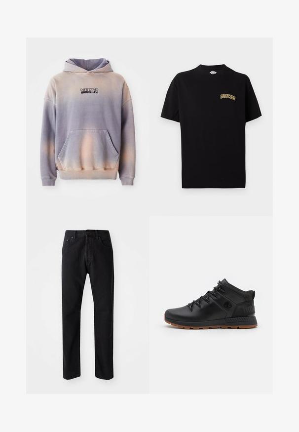 Hætte sweatshirt i lilla og fersken gradient, lavet af blødt stof. Har en frontlomme og logo detaljering i sort på brystet.; Sort T-shirt med korte ærmer og rund halsudskæring med lille gult "Dickies"-logo på venstre bryst.; Sorte denim jeans med lige snit, fem lommer og knaplukning. Har synlige sømme og en blød, struktureret stof.; Sorte vandresko lavet af syntetisk materiale, med en struktureret overdel, gummisål og reflekterende detaljer. Forstærket hæl og logodetalje.