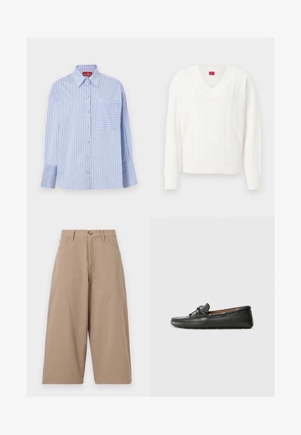 Suéter blanco de punto con cuello en V, dobladillo acanalado y patrones de cable texturizados, con el nombre de la marca sutilmente tejido en la tela.; Camisa de rayas azul y blanca con cuello, mangas largas, botones en la parte frontal y un bolsillo en el pecho izquierdo con rayas a juego.; Pantalones de pierna ancha color caqui, hechos de algodón, con una cintura alta, bolsillos frontales y cierre de un solo botón. Textura suave y corte recto.; Zapato náutico de cuero negro con punta redondeada, detalles de costura, pequeño lazo decorativo y suela de goma. Textura suave y diseño aerodinámico.