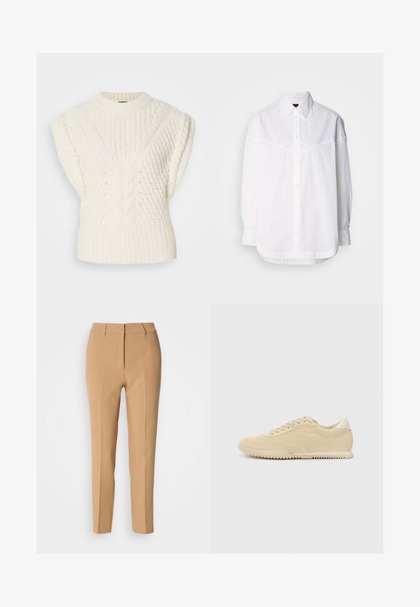 Suéter sin mangas de punto blanco que presenta un patrón texturizado, acentos trenzados en los hombros y un dobladillo acanalado.; Camisa de manga larga blanca de algodón, con cuello abotonado, botones frontales y un corte holgado con detalles de costura sutiles.; Pantalones tailored en tono beige, confeccionados en una tela suave, con frente plano, presillas para cinturón y dos bolsillos laterales; de corte slim con diseño de pierna recta.; Zapatillas de ante beige con diseño de cordones, parte superior texturizada, suela de goma en contraste y un leve tacón. Estilo minimalista con un sutil branding.