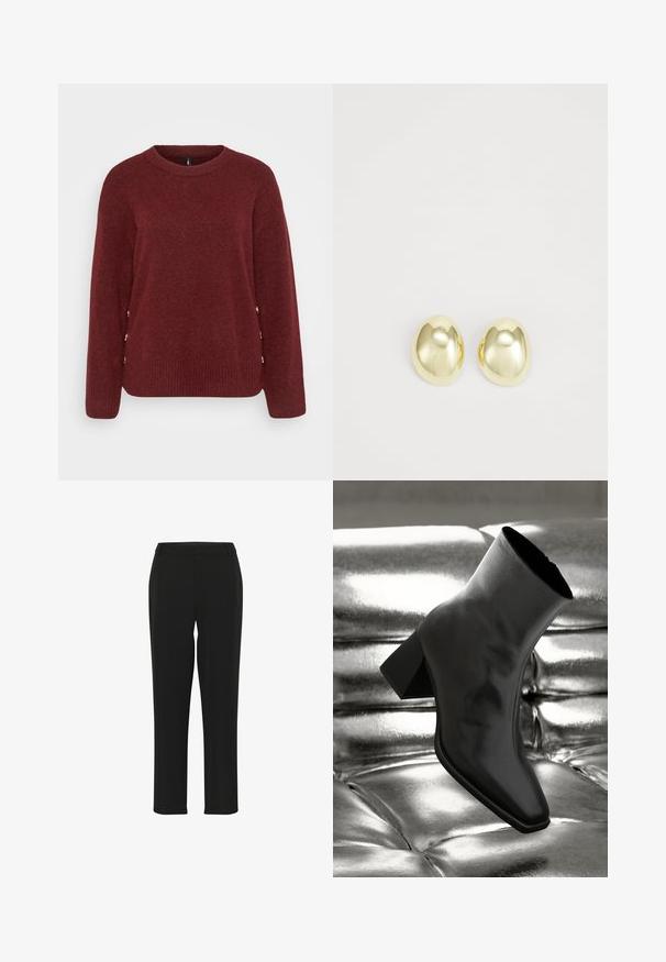 Pull bordeaux en tissu tricot doux. Doté d'un col rond, de manches longues et de boutons dorés sur le côté. Fini texturé.; Pantalons noirs avec une coupe droite, présentant une texture lisse, une taille ajustée et sans ornements ni motifs visibles.; Botte noire à la cheville en matériau brillant avec un bout carré et un talon effilé, sur un fond argenté brillant et capitonné.; Boucles d'oreilles en métal doré avec une forme lisse et arrondie et une finition polie. Design simple sans embellissements supplémentaires.
