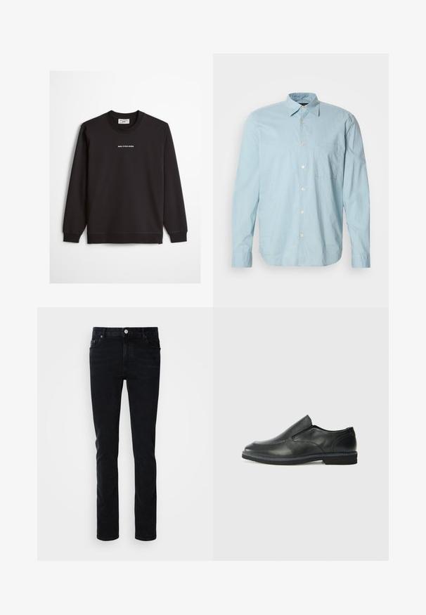 Schwarzes Sweatshirt mit Rundhalsausschnitt und langen Ärmeln, mit dem Schriftzug "MARC O'POLO DENIM" mittig auf der Brust.; Helles blau karierter Langarmshirt mit Button-Down-Kragen, Brusttasche und weißen Knöpfen. Hergestellt aus einem glatten Stoff.; Schwarze Denim-Jeans mit einer schmalen Passform, ausgestattet mit einer Vordertasche, Gürtelschlaufen und einem Knopfverschluss. Glatte Textur, minimalistisches Design.; Schwarze Leder-Slipper mit glattem Obermaterial, gesteppten Akzenten, runder Zehenpartie und niedrigem Gummiabsatz. Die Sohle hat ein minimales Profil.