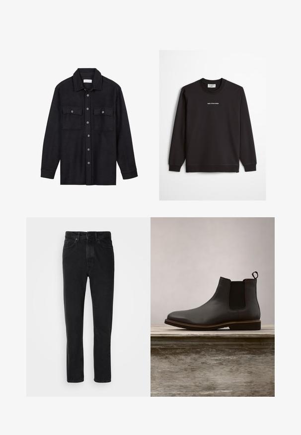 Sort langærmet sweatshirt med rund hals og teksten "MARC O'POLO DENIM" centreret på brystet.; Sort uldt skjortejakke med spids krave, knapper foran og to brystlommer. Har tonale knapper og en afslappet pasform.; Sorte denim jeans med lige ben-design, med knap- og lynlåslukning, forlommer og subtile teksturer.; Sorte læder Chelsea støvler med elastiske sidepaneler og rund tå, der har en tekstureret sål og diskrete syninger, hævet over en træoverflade.