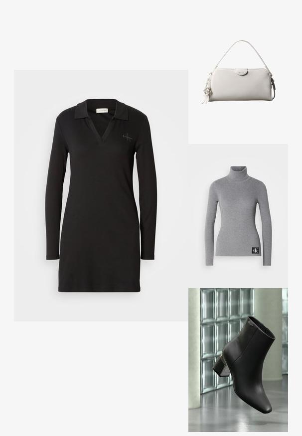 Grå ribbet turtleneck trøje med lange ærmer, tætsiddende design og et sort mærke med hvide initialer i bunden.; Sort polokjole med lange ærmer, V-hals, ribbet tekstur og en diskret logo detalje på venstre bryst. Blødt bomuldsblanding materiale.; Sort læderankelstøvle med blokhæl, DKNY-logo nær toppen, vist foran en glasblokvæg og poleret betongulv.; Hvid rektangulær Calvin Klein håndtaske med enkelt håndtag, minimalistisk design og dekorative kvaster med geometrisk metalvedhæng på siden.