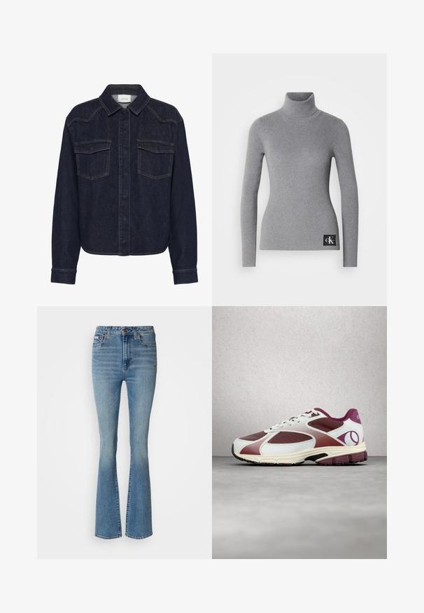 Pull en col roulé gris à côtes, à manches longues, au design ajusté, avec une étiquette noire portant des initiales de marque blanches en bas.; Veste en denim foncé avec un col, fermeture à boutons sur le devant, deux poches poitrine et manches longues. Surpiqûres contrastantes sur l'ensemble.; Jeans évasés bleu clair en denim, avec une taille haute, un effet délavé et des coutures visibles, agrémentés de détails en métal marron.; Baskets athlétiques bordeaux et blanches avec des lacets blancs, suspendues au-dessus d'un sol gris près de blocs de verre givré et d'une colonne.
