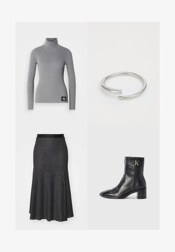 Grau gerippter Rollkragenpullover mit langen Ärmeln, figuroptimierter Passform und einem schwarzen Etikett mit weißen Markeninitialen am Boden.; Schwarzer, glitzernder A-Linien-Rock mit glattem Bund, aus strukturiertem Material, mit längerem hinterem Saum und subtilen Glitzereffekten.; Schwarze Leder-Ankle Boots mit spitzem Zehenbereich, Blockabsatz und einem Riemen mit einem metallischen Logodetail. Glatte Textur und minimales Design.; Calvin Klein SPIRAL - Armband - silver-coloured
