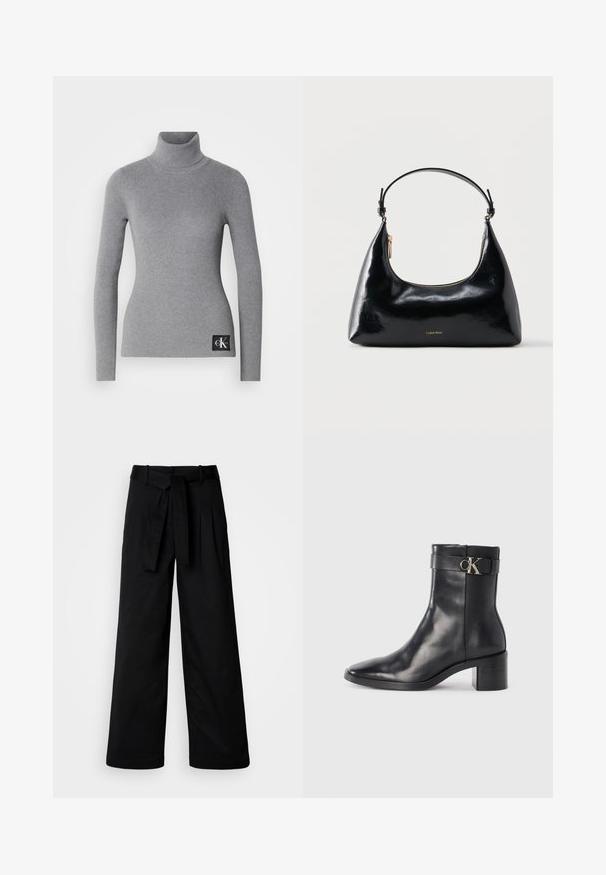Grå ribbet turtleneck trøje med lange ærmer, tætsiddende design og et sort mærke med hvide initialer i bunden.; Sorte bukser med bred benvidde og bæltestrop, der har et enkelt design og en glat tekstur, lavet af et holdbart materiale.; Sort læder ankelstøvle med spids tå, blokhæl og en rem med en metallisk logo detalje. Glat tekstur og minimalistisk design.; Sort blank Calvin Klein håndtaske med gyldent lynlås og kort rem mod en ensfarvet hvid baggrund.