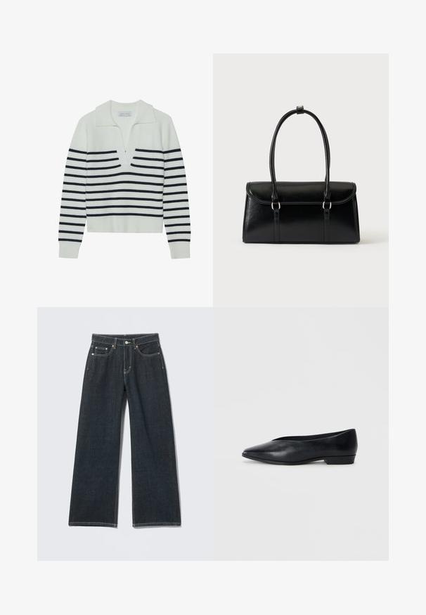 Hvid sweater med marineblå vandrette striber, en ribbet tekstur og en stor V-halskrave. Lange ærmer med ribbede manchetter og kant.; Mørkeblå jeans med vide ben, foran med knapper, lynlås, bæltestropper og fem-lomme detalje på en ensfarvet lys baggrund.; Sorte læder flade sko med spids tå, let hævet hæl og glat overflade. Simpelt design uden synligt hardware eller mønstre.; Sort rektangulær læderhåndtaske med klaplukning og to lange håndtag mod en ensfarvet hvid baggrund.