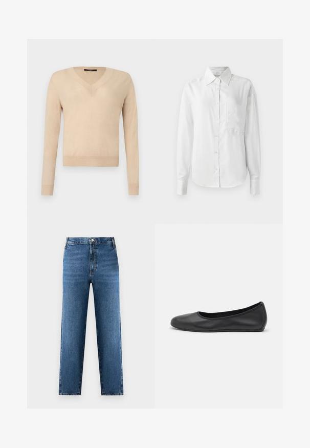 Pull beige à manches longues avec encolure en V, poignets et ourlet côtelés, tissu tricoté uni, présenté sur un fond blanc.; Chemise blanche à manches longues, en tissu lisse, dotée d'un col pointu, d'une poche avant et de poignets boutonnés pour un look ajusté.; Jean droit bleu à taille haute, fabriqué en denim. Présente une fermeture à bouton et zip à l'avant, avec un léger délavage sur le tissu.; Ballerines en cuir noir avec un bout rond, texture lisse, détails de couture minimalistes et design de semelle flexible.