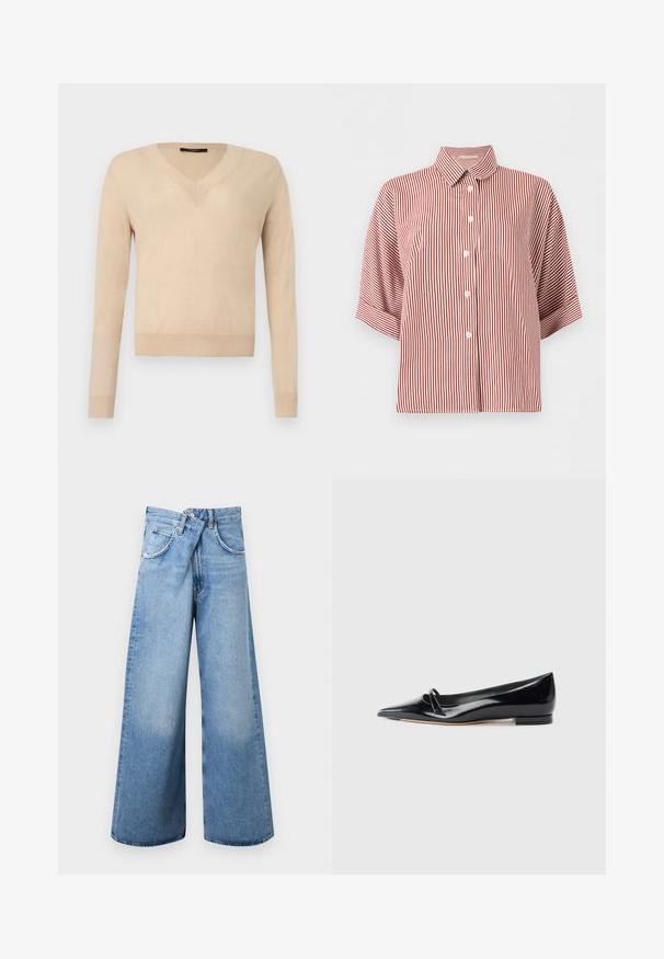 Pull beige à manches longues avec encolure en V, poignets et ourlet côtelés, tissu tricoté uni, présenté sur un fond blanc.; Chemise à manches courtes rayée verticalement rouge et blanche, boutonnée, avec un col classique.; Jean en denim bleu clair à jambes larges, taille haute, fermeture par boutons, et conception à cinq poches, présenté à plat sur un fond blanc.; Chaussure plate en cuir verni noir avec un bout pointu, une petite lanière décorative et un petit talon carré. Texture lisse et design épuré.
