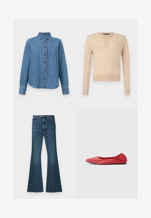 Pull beige à manches longues avec encolure en V, poignets et ourlet côtelés, tissu tricoté uni, présenté sur un fond blanc.; Chemise en denim bleu à manches longues avec col et boutons noirs, ourlet légèrement arrondi, posée à plat sur un fond blanc.; Jean en denim évasé bleu foncé avec une taille haute, un design à cinq poches et une couture classique. Le tissu présente un aspect lisse et texturé.; Filippa K REY FLATS - Ballerines - bright red