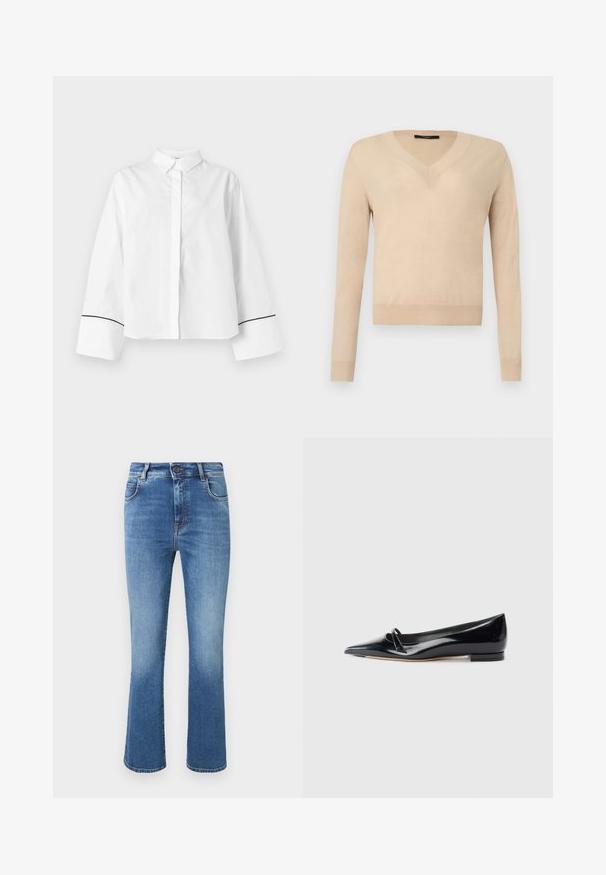 Pull beige à manches longues avec encolure en V, poignets et ourlet côtelés, tissu tricoté uni, présenté sur un fond blanc.; Chemise blanche à manches longues boutonnée, col pointu, larges poignets avec fine bordure noire près des extrémités, devant uni et coupe décontractée.; Jean en denim bleu taille haute avec jambes légèrement évasées, cinq poches, fermeture par bouton et décoloration subtile sur le devant.; Chaussure plate en cuir verni noir avec un bout pointu, une petite lanière décorative et un petit talon carré. Texture lisse et design épuré.