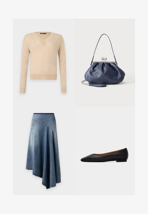 Beiger Pullover mit V-Ausschnitt und langen Ärmeln, mit gerippten Bündchen und Saum, aus einfarbigem Strickstoff, vor weißem Hintergrund angezeigt.; Denim-Wickelrock in einem hellen bis dunklen Blauton-Gradient, mit einem gestickten Blumenmuster auf einer Seite und sichtbaren Stichdetails entlang der Ränder.; Schwarzer flacher Schuh aus Leder mit spitz zulaufender Vorderkappe, niedrigem Absatz und glatter Oberfläche, von der Seite vor einem hellgrauen Hintergrund dargestellt.; Weiche navyblaue Ledertasche mit silberner Verschlussklammer, einem einzelnen Schulterriemen und abnehmbarem Ketten-Handgelenksriemen auf weißem Hintergrund.