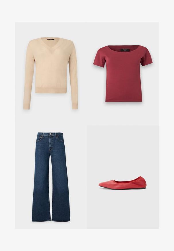 Pull beige à manches longues avec encolure en V, poignets et ourlet côtelés, tissu tricoté uni, présenté sur un fond blanc.; Haut pour femmes à manches courtes, de couleur rose foncé, avec un large décolleté en arrondi et une coupe ajustée, posé à plat sur un fond blanc.; Jean en denim bleu foncé à jambes larges avec bouton à l'avant, fermeture éclair et design à cinq poches sur fond gris clair.; Filippa K REY FLATS - Ballerines - bright red