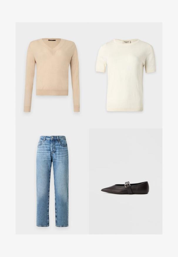 Suéter beige de manga larga con cuello en V, puños y dobladillo acanalados, tejido liso, presentado sobre un fondo blanco.; Camiseta de punto de color crema con mangas cortas, cuello redondo y bordes acanalados, etiquetada como "Weekend Max Mara" en la parte interior trasera del cuello.; Jeans de mezclilla azul claro con un diseño de pierna recta, costuras visibles, cierre de botón y estilo de cinco bolsillos.; Zapato plano de cuero negro con punta puntiaguda, una correa delgada y una hebilla metálica al costado. Textura suave con un diseño minimalista.