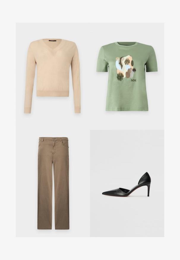 Beige trui met lange mouwen en V-hals, geribbelde manchetten en zoom, effen gebreide stof, weergegeven op een witte achtergrond.; Groen T-shirt met korte mouwen en ronde hals met abstracte organische vormen in beige, bruin, blauw en zwart, en 'MM'-letters nabij de rechteronderhoek.; Bruine broek met rechte pijpen, voorzijde met knopen en ritssluiting, en met voor- en achterzakken, weergegeven op een witte achtergrond.; Zwarte leren hoge hakken met een spitse neus, open zijkanten en een slanke uitstraling. Beschikt over een dunne hak en een rode zoolaccent.