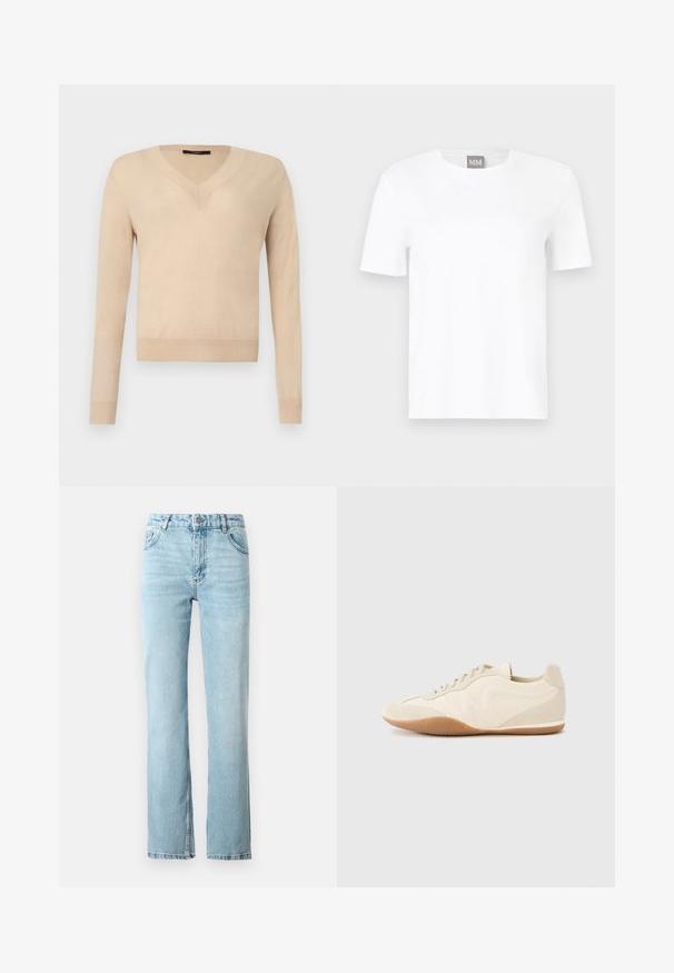 Beige trui met lange mouwen en V-hals, geribbelde manchetten en zoom, effen gebreide stof, weergegeven op een witte achtergrond.; Effen witte T-shirt met korte mouwen en ronde hals, getoond tegen een neutrale achtergrond, met een klein grijs label met "MM" bij de kraag.; Lichtblauwe denim jeans met een rechte pasvorm, vijf-pocketontwerp en een lichte flair aan de onderkant. Afgewerkt met contrasterende stiksels.; Lichtbeige sneakers met een textuur van leer op het bovenwerk, getextureerde zijpanelen en een rubberen zool. Voorzien van een slank, gestroomlijnd ontwerp en platte veters.