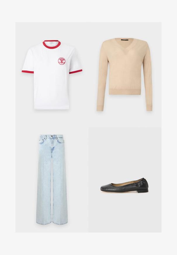 Pull beige à manches longues avec encolure en V, poignets et ourlet côtelés, tissu tricoté uni, présenté sur un fond blanc.; T-shirt blanc à manches courtes avec col et bordures de manches rouges, avec un petit logo circulaire rouge "JOOP! Jeans" sur la poitrine gauche.; Jean large taille haute bleu clair avec poches avant, passants de ceinture et fermeture à bouton sur un fond uni.; Ballerines en cuir noir avec un bout arrondi et des coutures minimales. Talon bas et rectangulaire avec une texture lisse. Détails subtils de doublure intérieure.