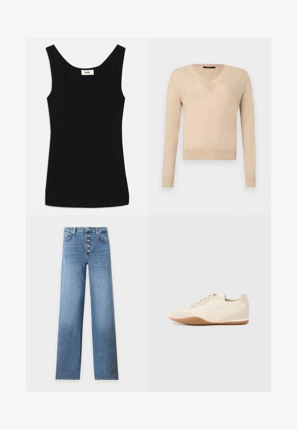 Beige langærmet V-hals sweater med ribbede ærmekanter og kant, ensfarvet strikstof, vist på hvid baggrund.; Sorte top lavet af blød stof med en scoop-halsudskæring og brede skulderstropper. Har en tætsiddende silhuet og et rent, sømløst design.; Lyseblå denim jeans med lige ben, høj talje og fem eksponerede metal knapper på frontlukningen.; Lyse beige sneakers med en tekstureret læderoverdel, teksturerede sider og en gummisål. Har et slankt, strømlinet design og flade snørebånd.
