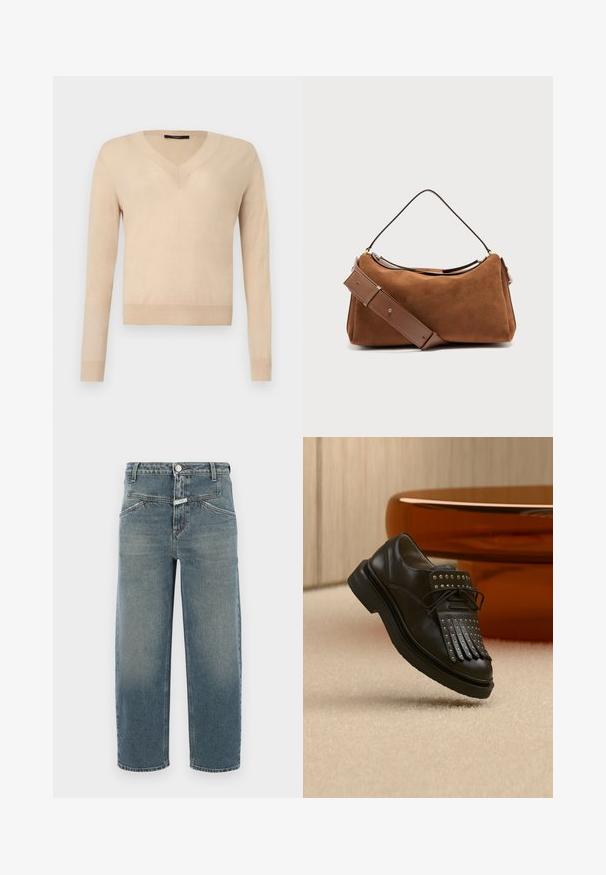 Beige langærmet V-hals sweater med ribbede ærmekanter og kant, ensfarvet strikstof, vist på hvid baggrund.; CLOSED STOVER X - Jeans Tapered Fit - mid blue; Sort læder snøresko med dekorativ frynse og metalnitter placeret på beige tæppe nær brunt møbel.; Brun skuldertaske i ruskind med en bred, justerbar læderrem og et tyndt håndtag, sat mod en ensartet lys baggrund.
