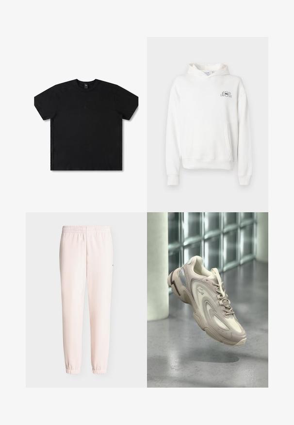 Sudadera blanca con capucha, bolsillo frontal, cordón en la capucha, puños y bajo acanalados, con el logotipo negro de Lacoste bordado en el pecho izquierdo.; Camiseta negra de manga corta hecha de algodón con cuello redondo, con un logo sutil en el centro y un diseño de corte relajado.; Pantalones jogger rosa claro con cintura y puños elásticos, mostrados desde el frente sobre fondo liso.; Zapatilla de deporte beige claro con un diseño elegante, superposiciones texturizadas, una suela acolchada y una sección translúcida en el lateral.