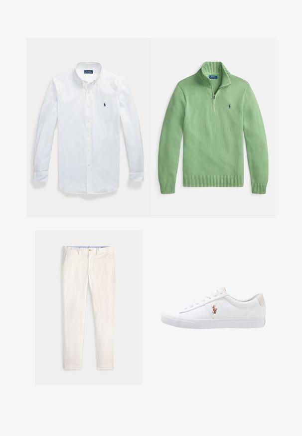 Groene gebreide pullover met een ritskraag, geribbelde manchetten en taille. Voorzien van een klein blauw logo op de borst. Gestructureerde stof.; Wit overhemd met lange mouwen en knopen, met kraag, Polo Ralph Lauren-logo geborduurd op de linkerborst.; Slim-fit herensbroek in off-white met voorzakken, riemlussen en een knoopsluiting op een effen achtergrond.; Witte canvas sneakers met een laag ontwerp, featuring een beige hieltab en een klein geborduurd logo aan de zijkant. Rubber zool.