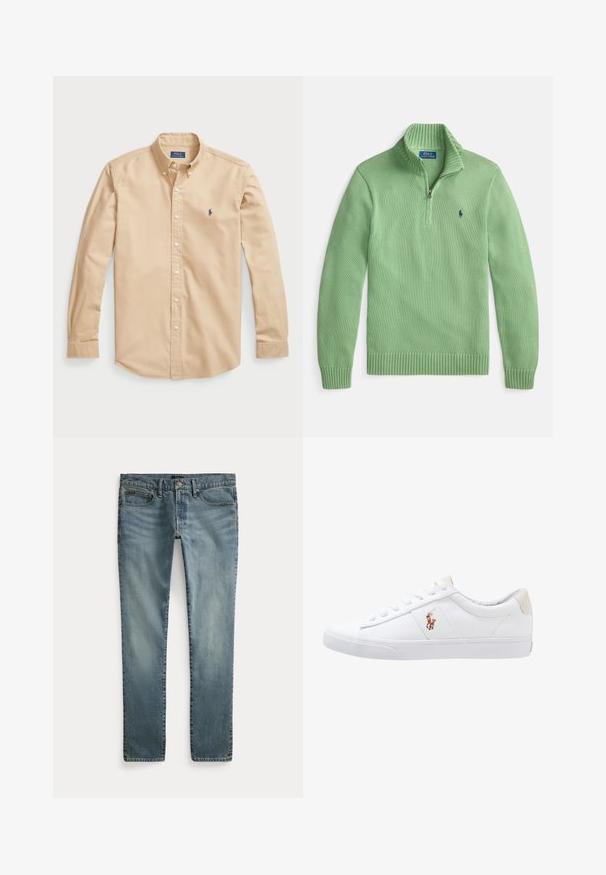 Pull-over en maille verte avec col zippé, poignets et taille côtelés. Présente un petit logo bleu sur la poitrine. Tissu texturé.; Chemise boutonnée beige clair en coton, avec un col classique, des manches longues, des boutons blancs et un petit logo bleu sur la poitrine.; Jean en denim bleu à coupe droite avec poches avant, passants de ceinture et fermeture par bouton.; Baskets en toile blanches avec un design basse, présentant un onglet de talon beige et un petit logo brodé sur le côté. Semelle en caoutchouc.