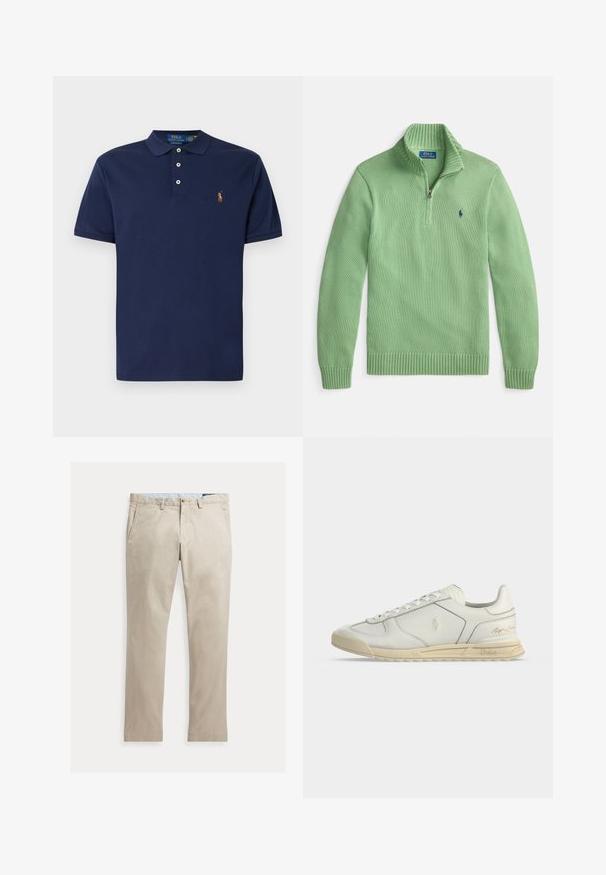 Roheline kootud pullover lukuga kraega, soonikkoes varrukaotste ja vöökohaga. Rinnal väike sinine logo. Tekstureeritud kangas.; Tumesinine puuvillane polo särk klassikalise kraega, kolme nupuga nööpide rida ja rinnal tikandiga logo. Lühikesed varrukad, sile tekstuur.; Beežid sirgete säärega puuvillased püksid ees taskute, vööaasade, nööbi- ja tõmblukuga, laotatud valgel taustal.; Valged madala säärega nahast tossud beežide tallaga, eespaelaga ja Polo Ralph Laureni logodega külgedel ja kandadel.
