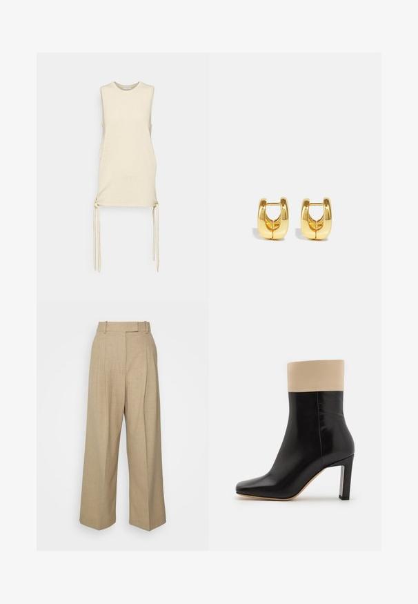 Haut sans manches en crème fabriqué à partir d'un tissu texturé, avec des liens sur le côté pour un ajustement réglable et un col rond. Design léger et décontracté.; Pantalons beige à jambes larges avec taille haute, fabriqués en tissu texturé. Présentent des plis avant et des passants de ceinture, offrant une apparence élégante.; Botte chelsea noire en cuir avec un accent crème en haut, bout pointu et un talon haut avec des accents argentés. Texture lisse sans motifs visibles.; Boucles d'oreilles en or avec un design élégant et arrondi. Présentent un centre creux et une surface brillante, complétant les styles modernes.