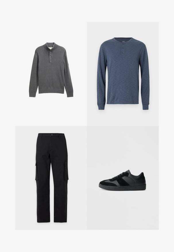 Pull en tricot gris avec col montant à côtes, patte de boutonnage à quatre boutons, manches longues et poignets et ourlet à côtes sur fond blanc.; Chemise henley à manches longues en bleu foncé avec une finition texturée, dotée d'un col rond et d'une patte de boutonnage à trois boutons sur la poitrine.; Pantalon cargo noir à jambe droite avec fermeture par bouton et zip, passants pour ceinture et poches à rabat sur les deux cuisses.; Baskets noires combinant cuir lisse et daim, avec une semelle en caoutchouc noire texturée et un détail de rayures discrètes.