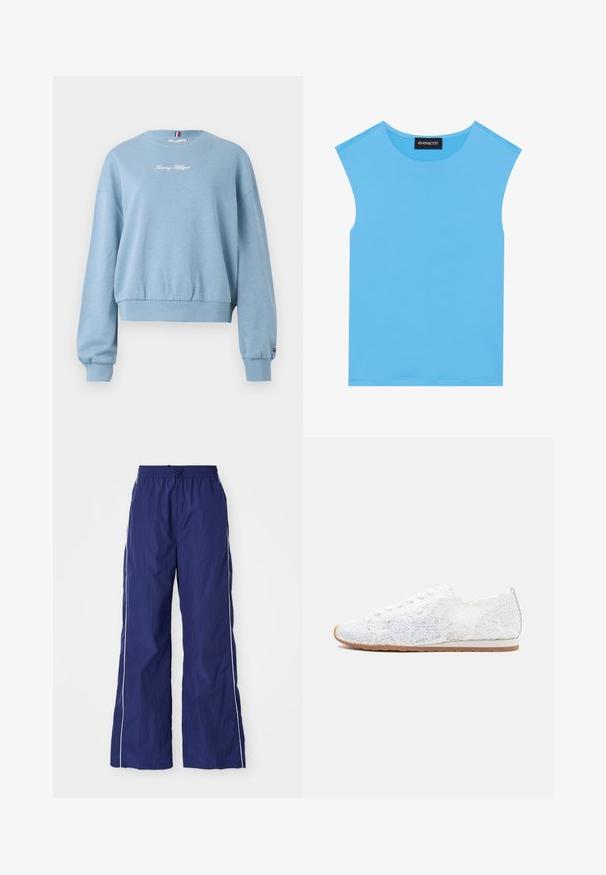 Helles blaues Sweatshirt mit Rundhalsausschnitt, gerippten Bündchen und Saum, mit der aufwändig gestickten Aufschrift "Tommy Hilfiger" in Weiß auf der Vorderseite. Weicher Stoff.; Blaues ärmelloses Top aus glattem Stoff, mit einem runden Ausschnitt und klaren Linien, ohne zusätzliche Verzierungen oder Muster.; Marineblaue, leichte, weit geschnittene Hose mit elastischem Bund und Kordelzug, mit weißen seitlichen Streifen und einer zerknitterten Textur.; Weiße Spitzen-Sneaker mit gewelltem Rand, detailliertem Spitzenmuster und Gummisohle. Verfügt über weiße Schnürsenkel und ein rundes Zehendesign.