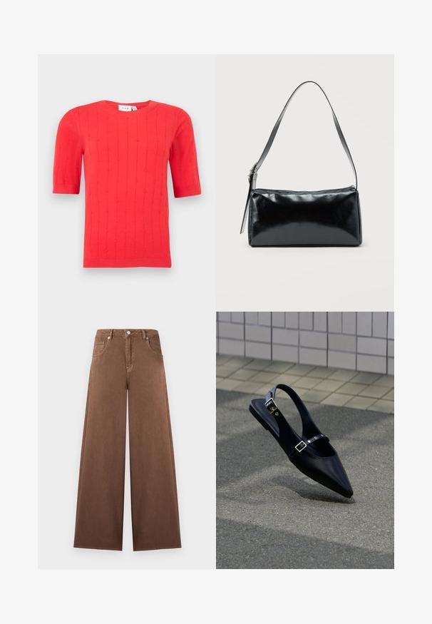Haut en maille rouge à manches courtes avec de discrètes lignes texturées verticales et encolure ronde, poignets et ourlet côtelés.; Jean en denim marron à jambes larges avec taille haute, fermeture à boutons et fermeture éclair sur le devant, et design à cinq poches.; Mocassin noir à bout pointu et bride arrière, avec double boucle, posé sur un asphalt gris près d'un mur carrelé en arrière-plan.; Sac d'épaule rectangulaire noir avec une sangle réglable unique et une fermeture éclair supérieure sur un fond uni.