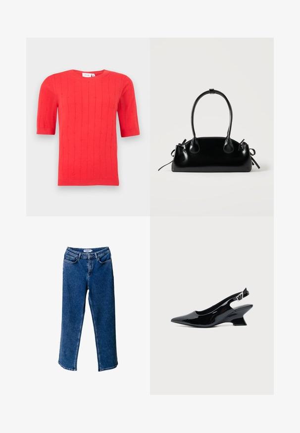 Rotes Strickoberteil mit kurzen Ärmeln, dezenten vertikalen Strukturstreifen und rundem Ausschnitt, mit gerippten Bündchen und Saum.; Blaue Denim-Jeans mit weitem Bein und hoher Taille, ausgestattet mit frontalen Taschen, kontrastierenden Nähten und einer lässigen Passform.; Schwarzer Slingback-Schuh aus Lackleder mit spitzer Spitze und niedrigem, schrägem Blockabsatz auf einfachem hellem Hintergrund.; Kleine schwarze glänzende Handtasche mit zwei langen Griffen und seitlichen Kordelzug-Details vor einfachem hellem Hintergrund.