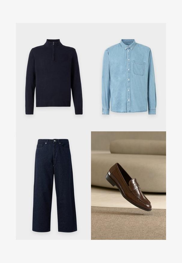Suéter azul marino con cuello de media cremallera, mangas largas y ribetes acanalados en el dobladillo y los puños. Textura suave con un sutil detalle del logo en el pecho.; Camisa de mezclilla azul claro de manga larga con cuello abotonado, bolsillo en el pecho delantero y botones blancos en el centro y en los puños.; Jeans de mezclilla anchos de color azul oscuro con cierre de botón, bolsillos delanteros y una sutil textura, con dobladillos rectos y un ajuste relajado.; Mocasín de cuero marrón con un patrón texturizado flotando sobre una alfombra beige con un sofá beige a juego de fondo.