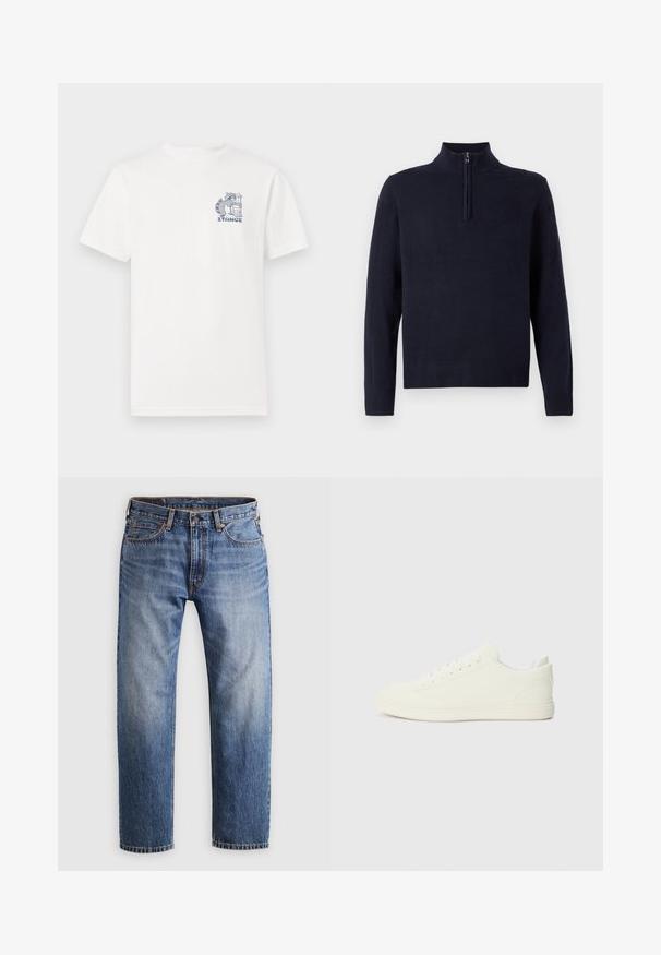 Marineblå sweater med halv-zip krave, lange ærmer og ribbet kant og manchetter. Glat tekstur med en subtil logo detalje på brystet.; Hvid t-shirt med korte ærmer lavet af bomuld, med et blåt grafisk motiv på brystet af en vaskebjørn ved siden af en skraldespand og teksten "STANCE."; Stumpe ben blå denim jeans med en knap- og lynlåslukning, fem lommer og orange syninger på en lys grå baggrund.; Hvide sneakers med en glat overflade, rund tå og traditionel snøring, med et minimalistisk design og gummisål.