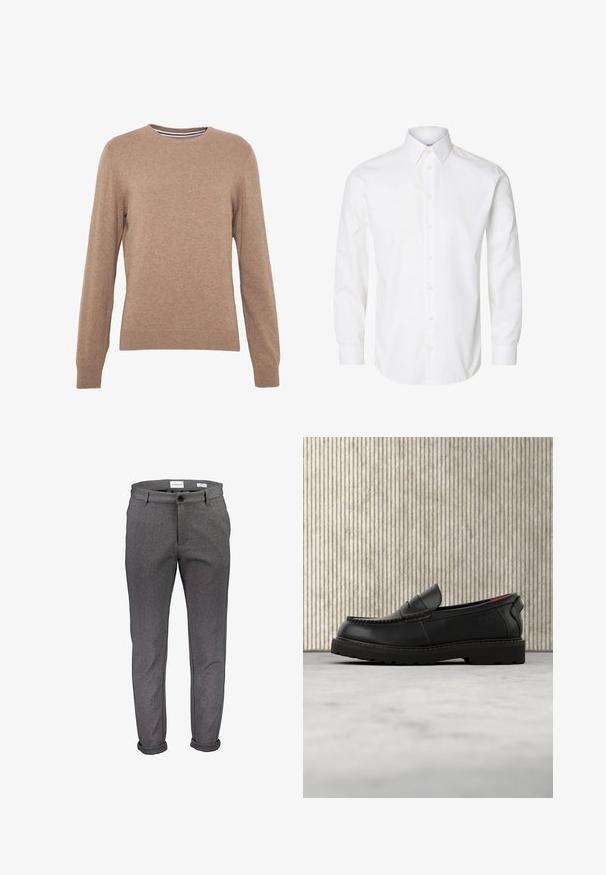 Pull marron en tissu tricoté, avec un col rond et des manches longues. Poignets et ourlet côtelés, couleur unie avec une texture douce.; Chemise blanche à manches longues avec boutons, col pointu, boutons visibles sur le devant et poignets fermés par des boutons.; Pantalon en tissu gris à coupe slim, doté d'une fermeture à un bouton, de passants pour ceinture et d'ourlets retroussés. Texture lisse avec des détails de couture subtils.; Mocassin en cuir noir avec semelle robuste et doublure intérieure rouge, positionné en suspension au-dessus d'un tapis beige et près d'un meuble en bois.