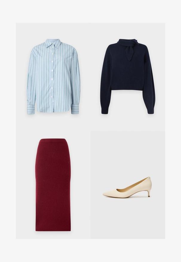 Marineblåt cropped sweater lavet af blødt strikket stof, med en mock neck og en bundet scarf-detalje, samt ribbede håndled og kant.; Lyseblå langærmet skjorte med vertikale grønne striber, knaplukning foran og kontraststribede manchetter. Glat stof, klassisk kravedesign.; Bordeaux strik midi-nederdel med en tætsiddende silhuet, glat tekstur og en talje. Ingen synlige sømme eller mønstre. Ensfarvet hele vejen igennem.; Beige spids tå pumpe lavet af glat syntetisk materiale, med en lav hæl og et slip-on design med en subtil detalje bagpå.