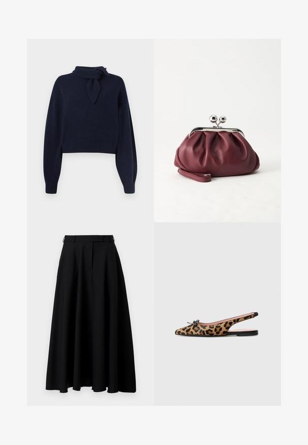 Marineblåt cropped sweater lavet af blødt strikket stof, med en mock neck og en bundet scarf-detalje, samt ribbede håndled og kant.; Sort plisseret midi-nederdel med en tætsiddende talje, lavet af et letvægtsstof, med en glat overflade og en flydende silhuet.; Pretty Ballerinas MURABI - Slingback-ballerinasko - brown; Lille bordeauxlæder clutch-pung med sølv metal lukning og håndledsrem på hvid baggrund.