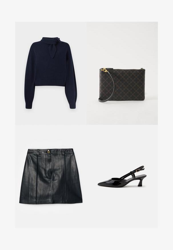 Suéter recortado azul marino hecho de una suave tela de punto, que presenta un cuello alto con un detalle de bufanda atada, puños y dobladillo acanalados.; AERON RUDENS SKIRT - Falda acampanada - black; Zapato slingback de charol negro con tacón bajo, punta puntiaguda y correa ajustable con hebilla dorada sobre fondo blanco.; Pequeño bolso de mano rectangular negro con patrón de diamantes marrón, cremallera dorada y correa de muñeca desmontable sobre fondo blanco.