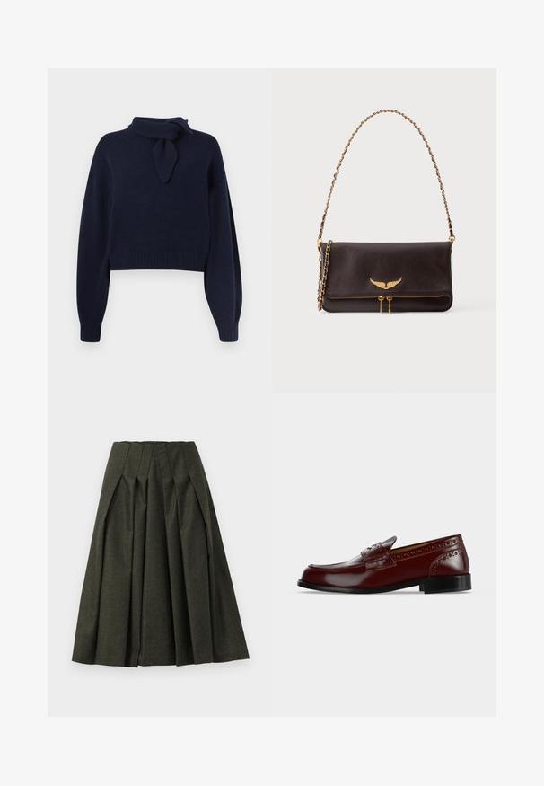 Pull court bleu marine en tricot doux, avec un col montant et un détail de foulard noué, des poignets côtelés et un ourlet.; Jupe plissée vert foncé en tissu texturé. Caractéristiques d'une taille haute et d'une silhouette évasée, avec des plis profonds pour plus de volume.; Mocassin en cuir bordeaux avec des détails brogue et une semelle noire, montré de profil sur un fond uni.; Sac à bandoulière en cuir marron foncé avec anse chaîne dorée, emblème ailé doré sur le rabat, et double fermeture éclair dorée en bas à l’avant.