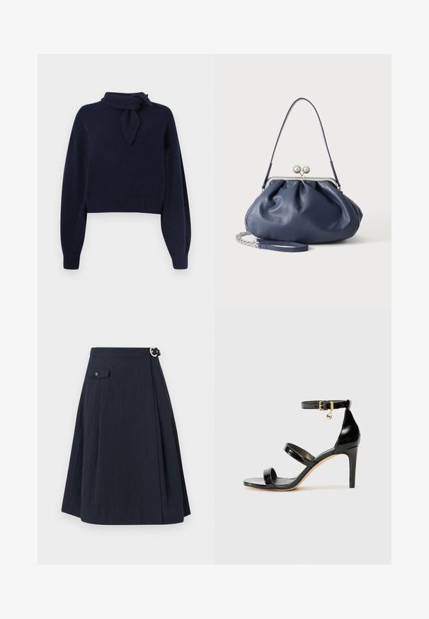 Navyblauwe cropped trui van zacht breimateriaal, met een hoge hals en een gestrikt sjaaldetail, ribgebreide manchetten en zoom.; Navyblauwe A-lijn rok met een zijknoopsluiting, voorzien van een voorzak en een soepele, lichte stof met een lichte glans.; Zwarte gepatineerde leren sandaal met drie banden, enkelgesp en 10 cm hoge stiletto hak. Bevat gouden hardwaredetails en een logo charm.; Zachte navyblauwe leren handtas met zilveren sluiting, enkele schouderband en afneembare ketting polsband op witte achtergrond.