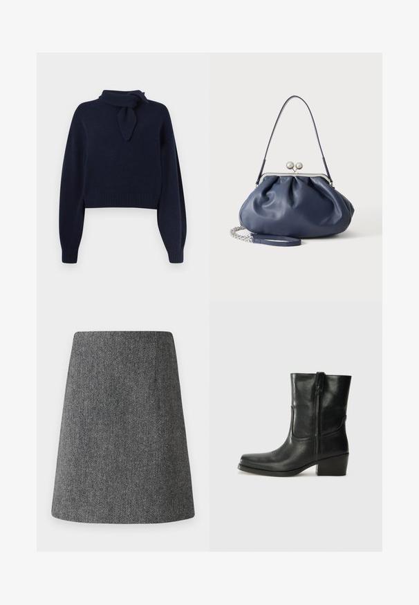 Marineblåt cropped sweater lavet af blødt strikket stof, med en mock neck og en bundet scarf-detalje, samt ribbede håndled og kant.; Grå fiskebensmønster nederdel med en udvidet A-linjeform, lavet af tekstureret stof. Har en ren talje og ingen synlige detaljer eller pynt.; Sort læder ankelstøvle med rundt tå, blokhæl, lynlås i siden og stikninger på vampsiden. Glat tekstur, klassisk design.; Blød navyblå læderhåndtaske med sølv lukning, enkelt skulderrem og aftagelig kæde til håndleddet på hvid baggrund.