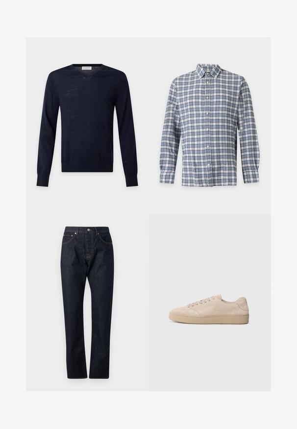 Pull bleu marine à manches longues avec col en V, ourlet et poignets côtelés, présenté sur un fond clair uni.; Chemise homme à manches longues avec boutons, motif à carreaux bleu et blanc et col sur un fond uni clair.; Jean en denim bleu foncé à jambes droites avec un design à cinq poches et fermeture à boutons, vu de face sur un fond clair.; Baskets en daim beige avec un bout rond, des lacets plats et une semelle en caoutchouc texturé. Design minimaliste avec des bords lisses et des coutures discrètes.