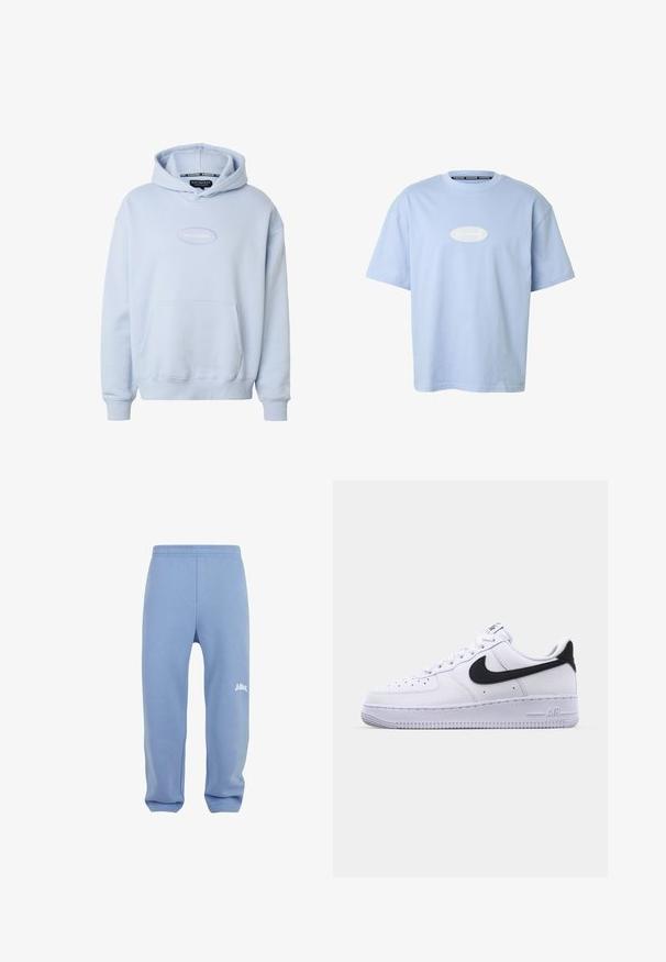 Lyseblå Rocawear hættetrøje med frontlomme, hætte og hvidt broderet logo centreret på brystet.; Lyseblå T-shirt med korte ærmer og rund hals, med hvidt ovalt logo centreret på brystet.; Lyseblå sweatpants med elastisk talje, tætsiddende ben og et hvidt logo på venstre lår. Lavet af blødt, struktureret stof.; Hvide lædersneakers med en struktureret sort Swoosh, flade snørebånd og en gummisål med et rillemønster. "AIR" er præget på hælen.