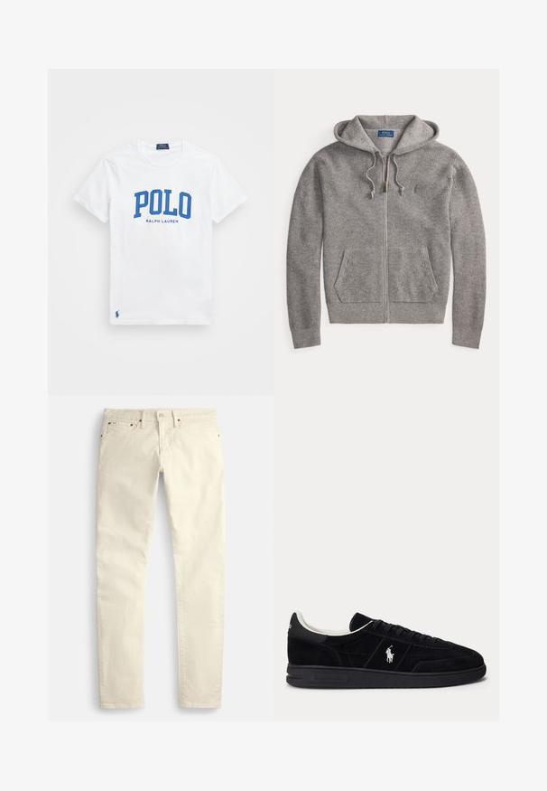 Sivá pletená mikina so zipsom, šnúrkami a prednými vreckami, štítok Polo Ralph Lauren vo vnútri goliera.; Biela bavlnená tričko s modrým textom "POLO" a menším textom "RALPH LAUREN". Obsahuje malé modré logo na ľavom okraji.; Svetlobéžové rovné nohavice z textúrovaného materiálu. Majú päť vreciek a hnedé kovové doplnky. Bez viditeľných vzorov alebo ozdôb.; Čierna nízka teniska s čiernymi šnúrkami, bielym vnútorným lemom a bielym logom Polo Ralph Lauren na boku a päte.