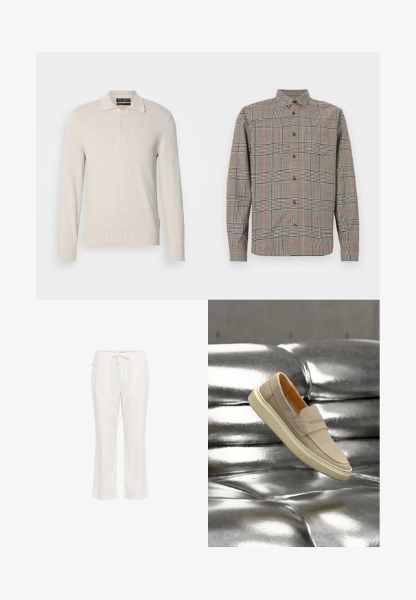 Lys beige langærmet polo sweater i blødt strik med struktureret overflade, der har klassisk krave og tre-knaps lukning.; Langærmet skjorte med knapper og klassisk krave, i beige og sort ternet mønster med diskrete røde og blå linjer.; Lettere, hvide linnedbukser med elastisk talje og snorbindning. Lige ben-design med en glat tekstur og uden bemærkelsesværdige mønstre.; Beige ruskindssko med slip-on design og et minimalistisk udtryk, med en let forhøjet front, en cremefarvet gummisål og en orange inderside.