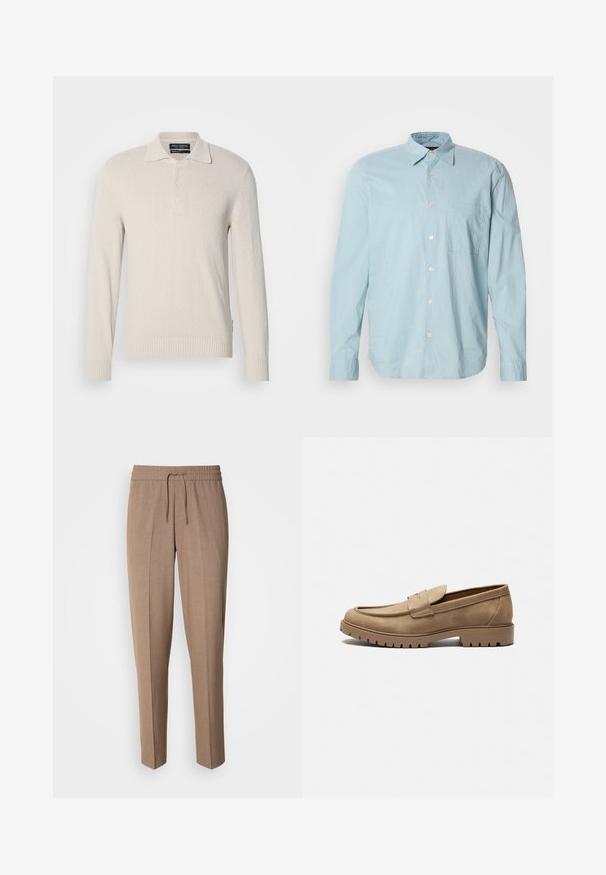 Lichtbeige lange mouw polo trui in een zachte brei met een gestructureerd oppervlak, voorzien van een klassieke kraag en een drieknoopsluiting.; Lichtblauwe geruite overhemd met lange mouwen, met een button-down kraag, borstzak en witte knopen. Gemaakt van een gladde stof.; Bruine, geweven stoffen broek met een relaxte pasvorm, trekkoord taille en plooien aan de voorkant. Rechte pijpen en geen zichtbare zakken of hardware.; Tan suède loafers met een ronde neus, platte rubberen zool en decoratieve stiksels op de bovenkant. Beschikt over een instapontwerp zonder veters.
