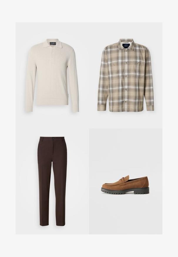 Lichtbeige lange mouw polo trui in een zachte brei met een gestructureerd oppervlak, voorzien van een klassieke kraag en een drieknoopsluiting.; Beige en bruin geruite blouse met lange mouwen, knoopsluiting aan de voorkant en twee borstzakken, weergegeven op een witte achtergrond.; Bruine broeken met een recht model, voorzien van een enkele zijplooien, een knoopsluiting en een gladde stoftextuur.; Bruine suede instappers met een ronde neus en een lage zwarte rubberen zool, met een decoratieve band en stiksel details op het bovenwerk.